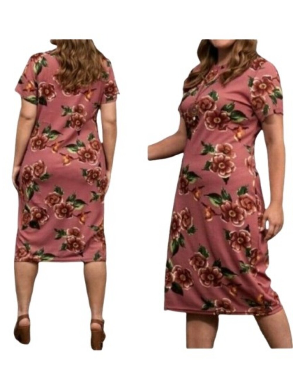 Emery Rose Red Toned Floral Print Dress NEW Short Sleeves Pullover